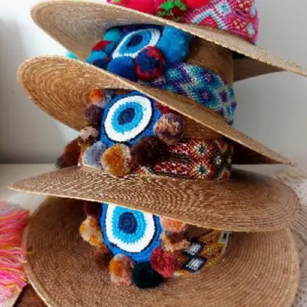 Vibrant Fun In the Sun Multicolor Pom Pom Evil Eye Protection Sunhat Beach Hat - Picture 2 of 8